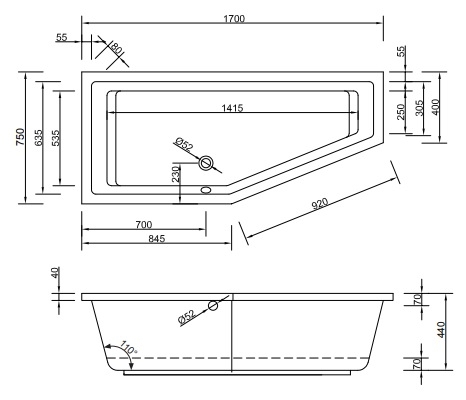 Badewanne Modell Lupor 170/75 L